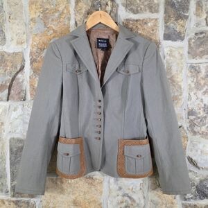 Akris Olive Leather Wood Button Up Blazer Jacket